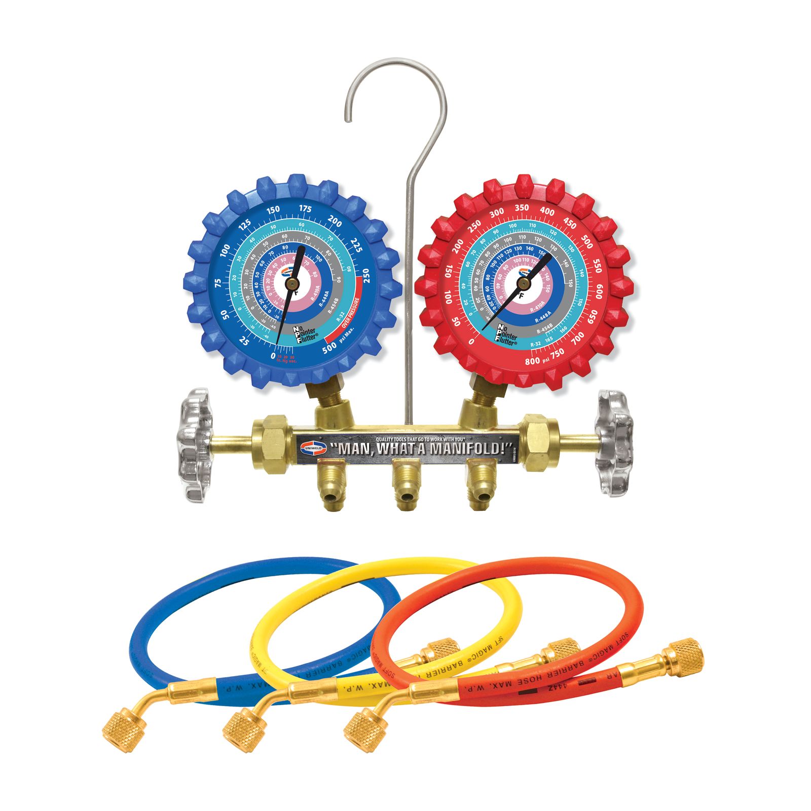 A2L 2 Valve Brass Manifold Charging Gauges w/ 5' Hoses R32/R454B/R448A/R410A